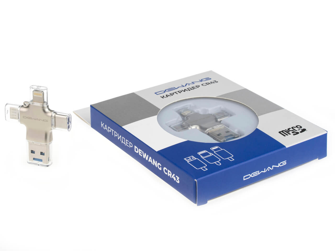Картридер microSD Dewang CR43 - флешка для iPhone/iPad/Android (Lightning, Type-C, Micro USB, USB)
